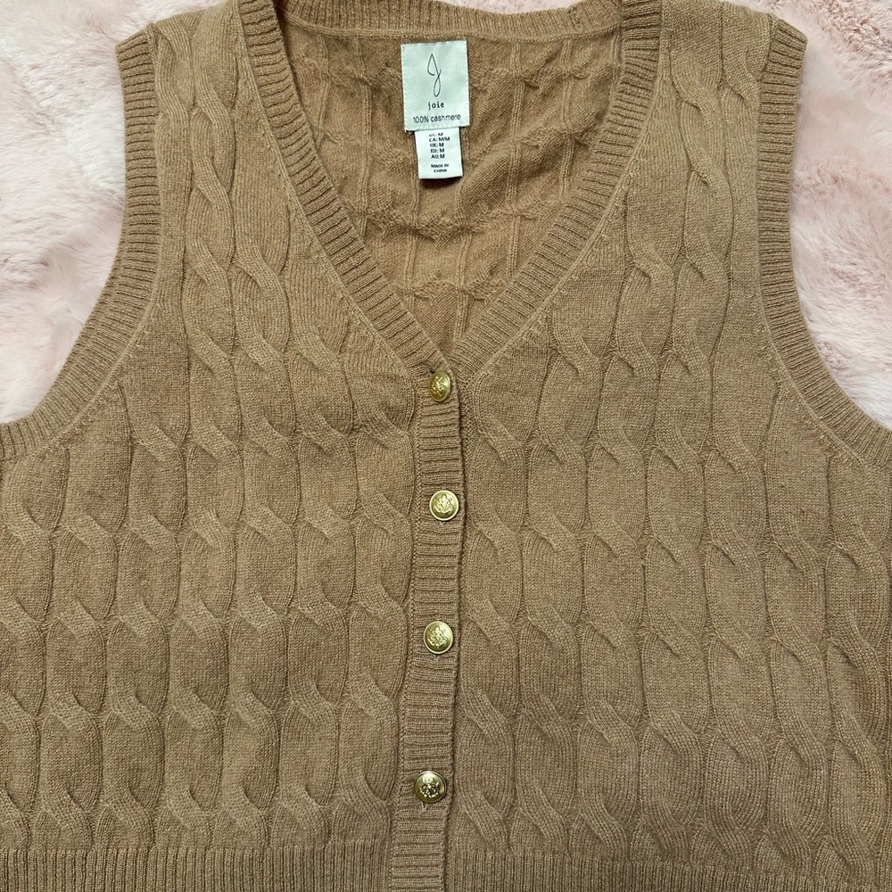 Joie Tan Cashmere Cable Knit V-Neck Sweater Vest